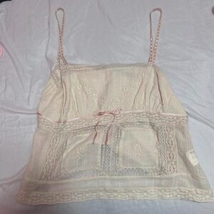 Zara Cream Lace-Trim Spaghetti Strap Camisole with Pink Accents